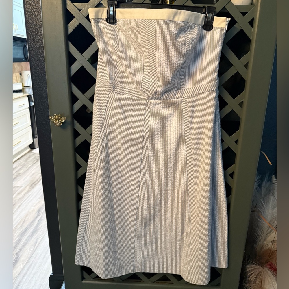 Strapless Light Blue Seersucker A-Line Dress